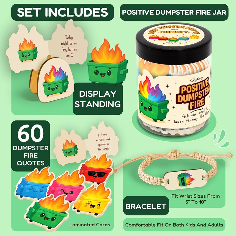 STOFINITY 60 Positive Dumpster Fire Cards, Zen Garden Dumpster Fire Desk Accessories, Funny Coworker Gifts For Women, Cute Valentine Gifts For Coworkers, Friend, Daily Affirmation Jar For Office Decor - Image 2